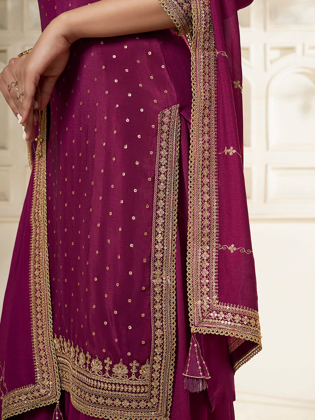 Wine Chinon Sharara Suit with Heavy Embroidery & Sequins Work