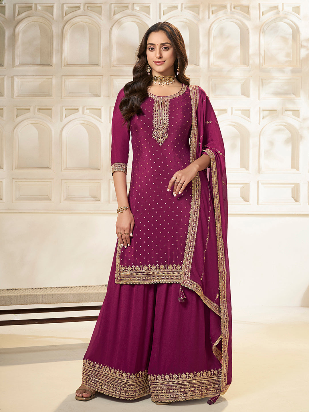 Heavy embroidered wine sharara set for weddings