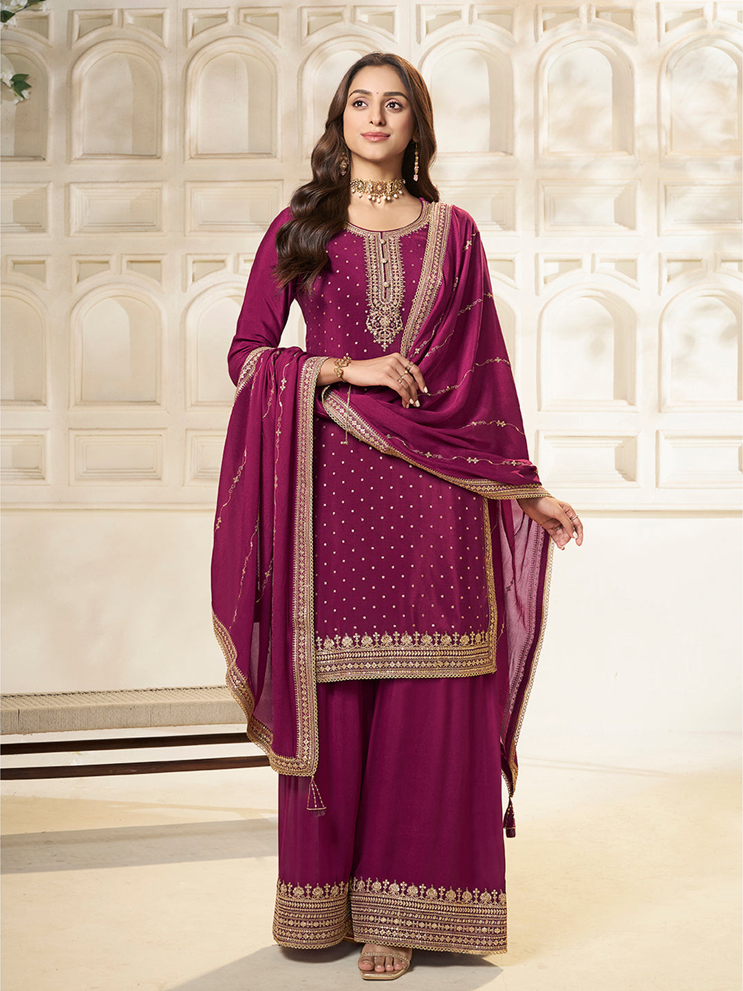 Wine Chinon sharara suit with sequin and thread embroidery