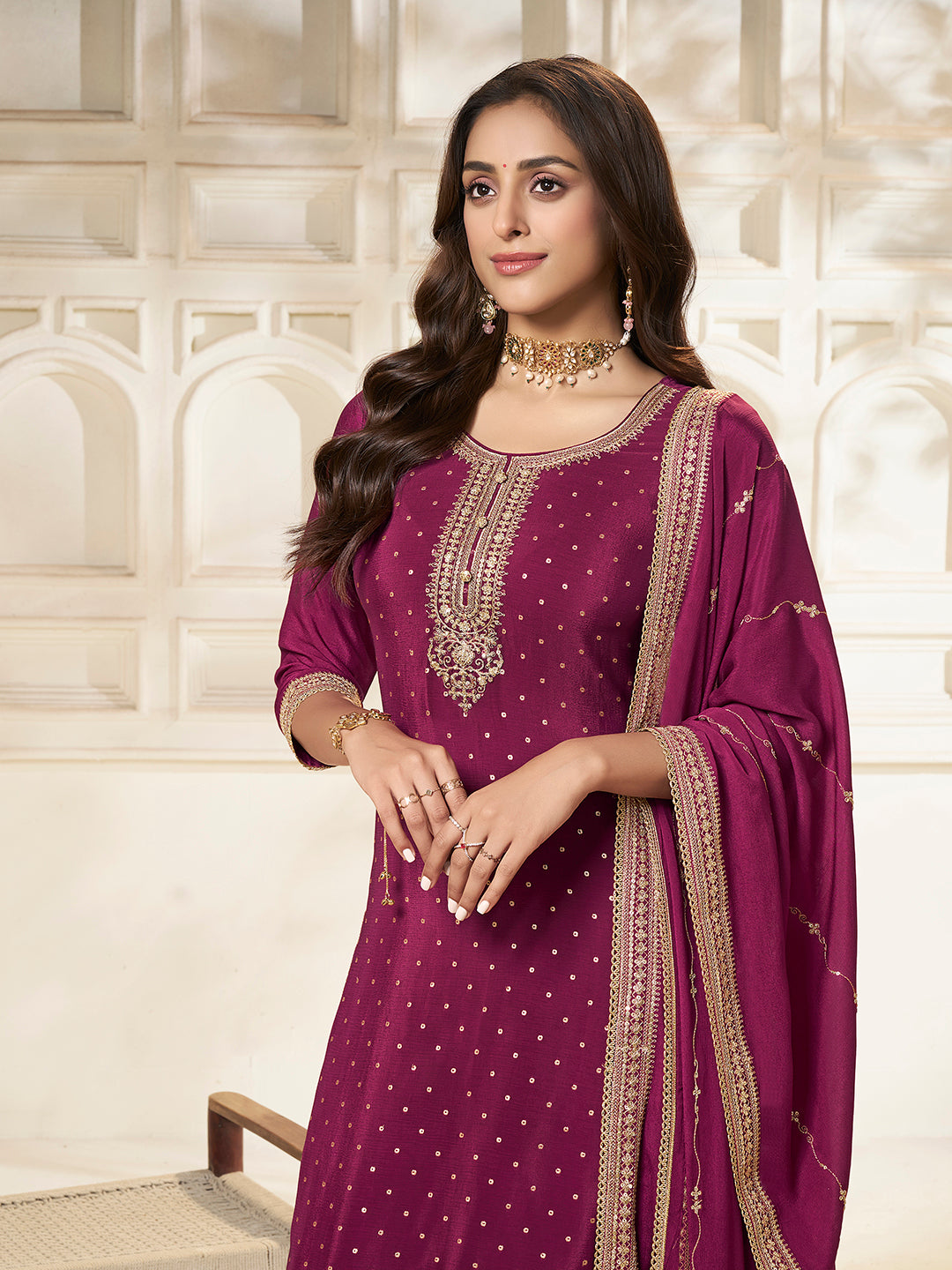 Wine Chinon sharara suit with sequin and thread embroidery