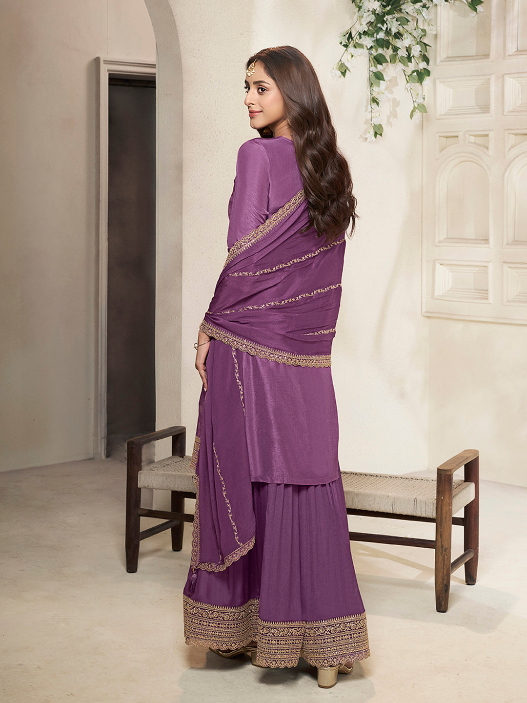 Scalloped Hem Chinon Sharara Paired with Ethnic Kurta