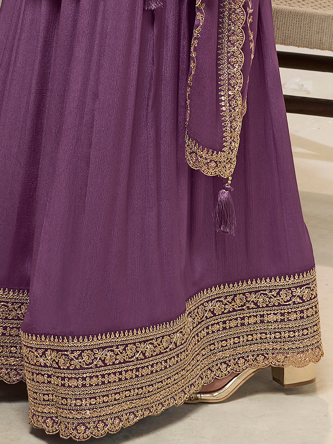 Sequined Chinon Dupatta with Tassels Styled on Model