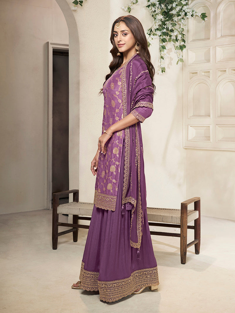 Designer V-neck Kurta with Heavy Embroidery in Purple