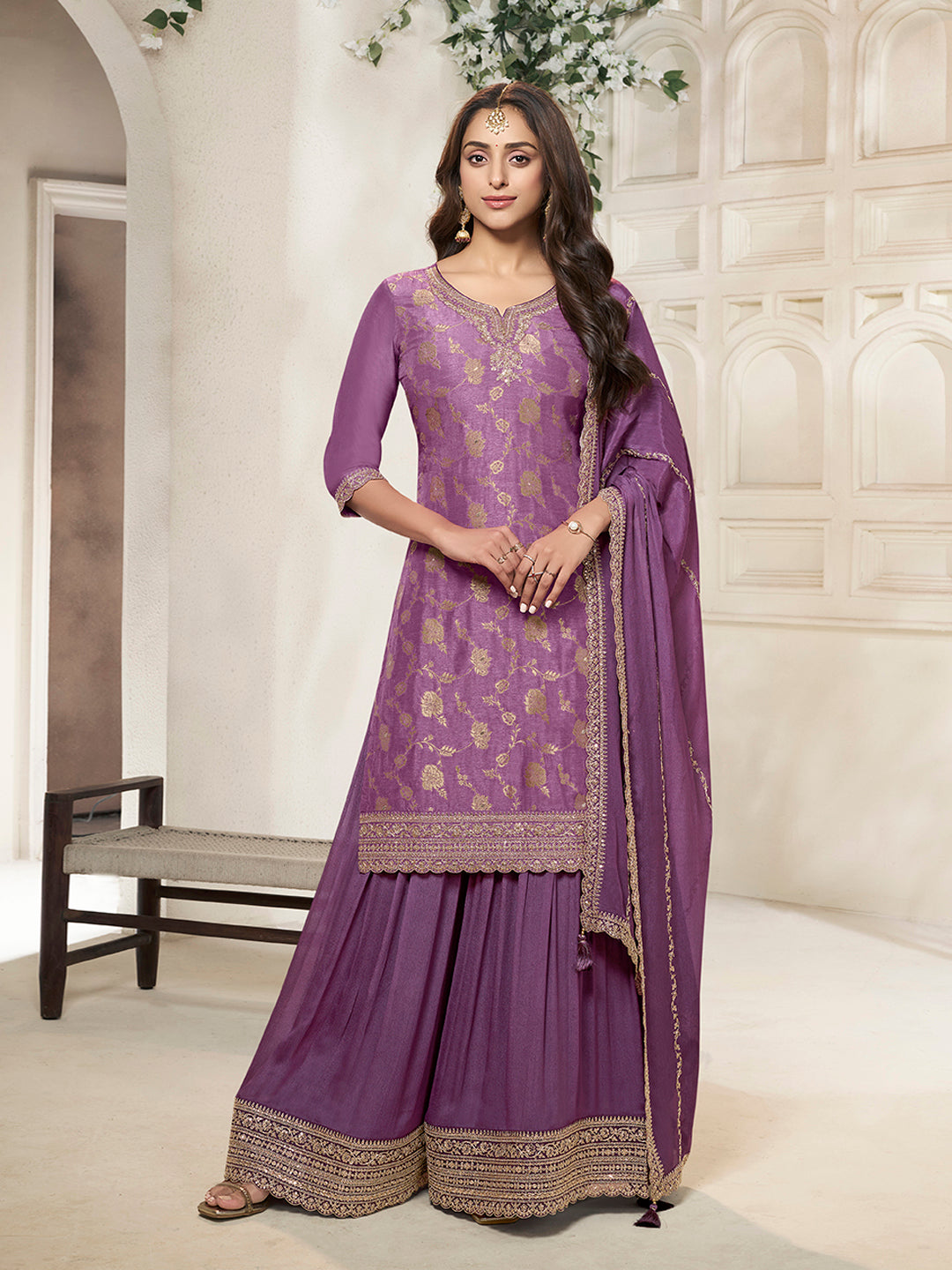 Purple Dola Silk Sharara Suit with Sequins Work and Chinon Dupatta