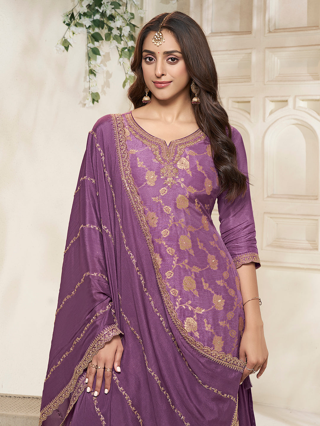 Front View of Purple Sharara Suit for Wedding Wear