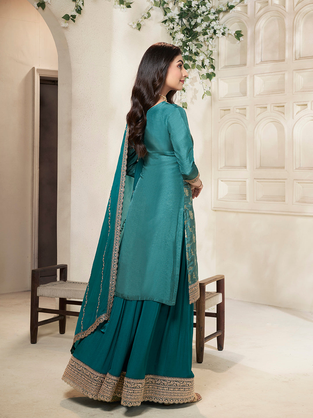 Elegant Dola Silk Sharara Set with Chinon Dupatta in Teal Green