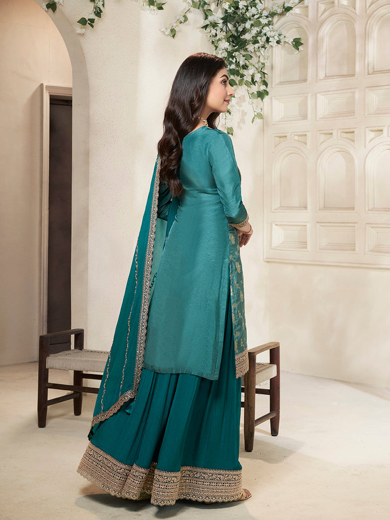 Elegant Dola Silk Sharara Set with Chinon Dupatta in Teal Green