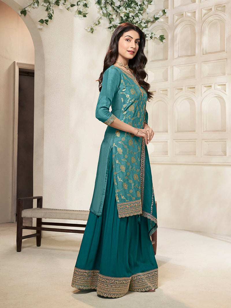 Indian Traditional Sharara Suit in Teal Green with Dupatta