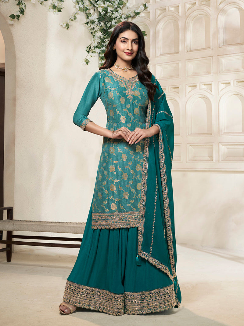 Teal Green Dola Silk Sharara Suit with Sequin Work
