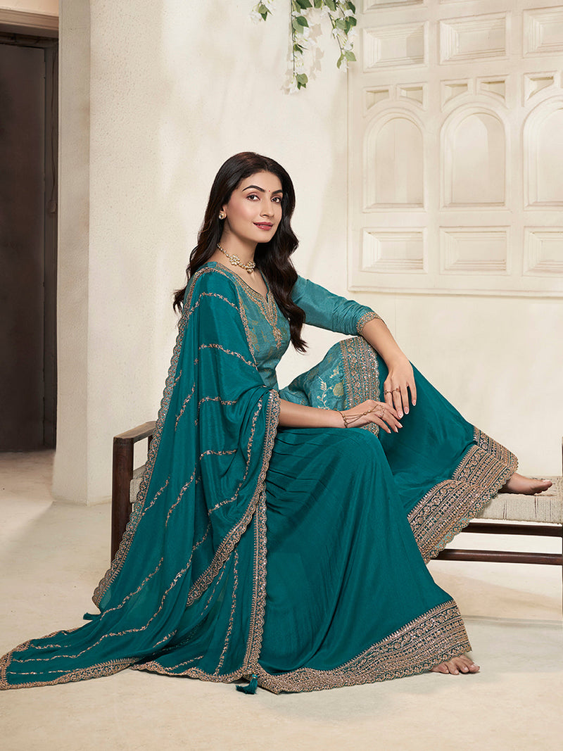 Festive Wear Teal Kurta Sharara Set with Heavy Embroidery