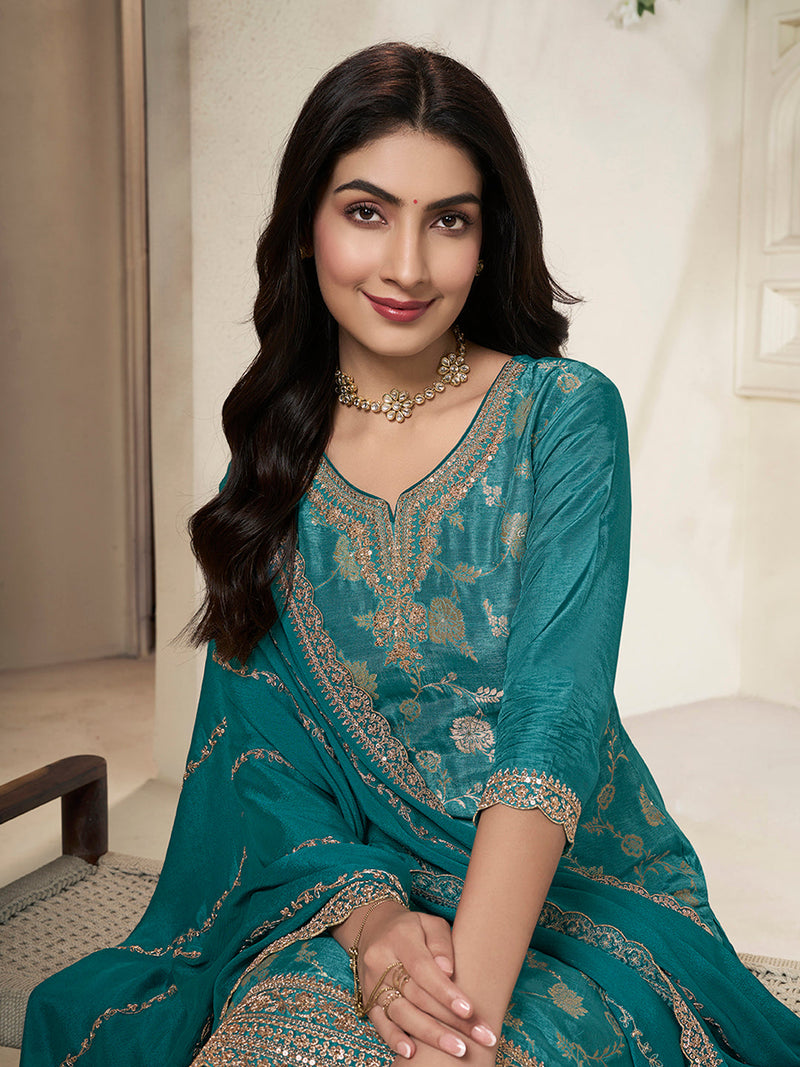 Designer Teal Green Sharara Dress for Wedding Guest
