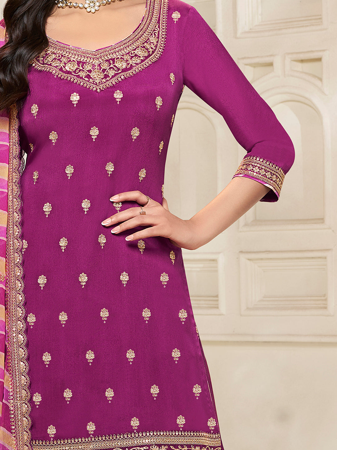 Sequin work magenta sharara dress for women with festive vibe