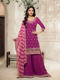 Magenta sharara suit with embroidered Chinon kurta and flared pants