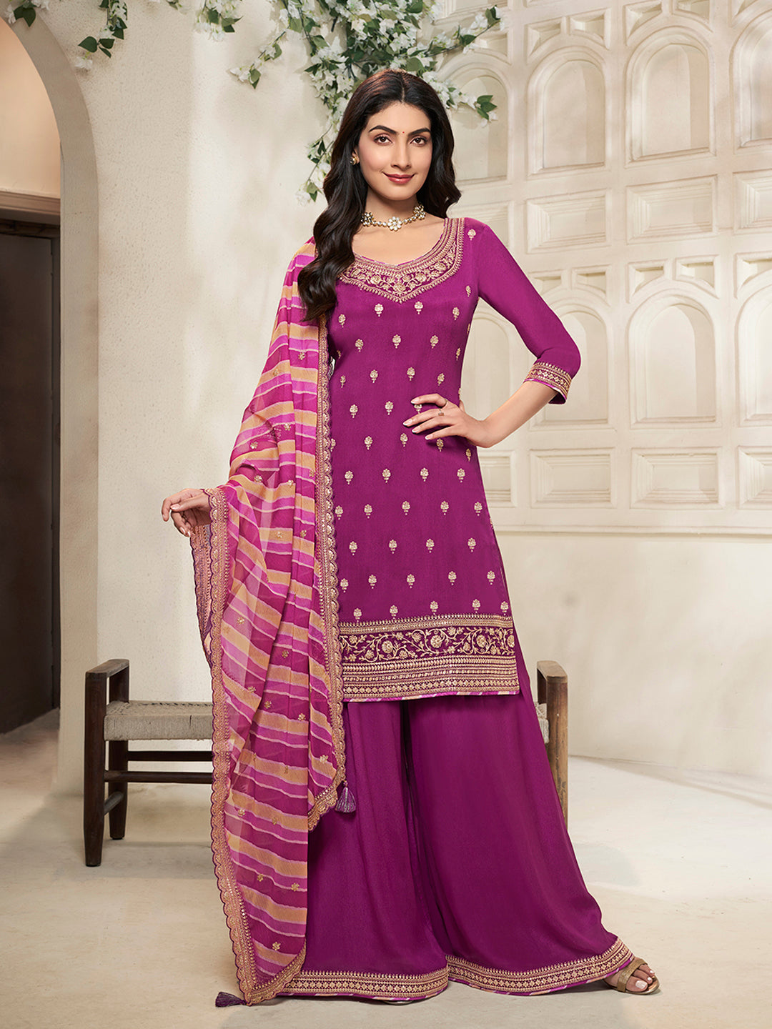 Magenta sharara suit with embroidered Chinon kurta and flared pants