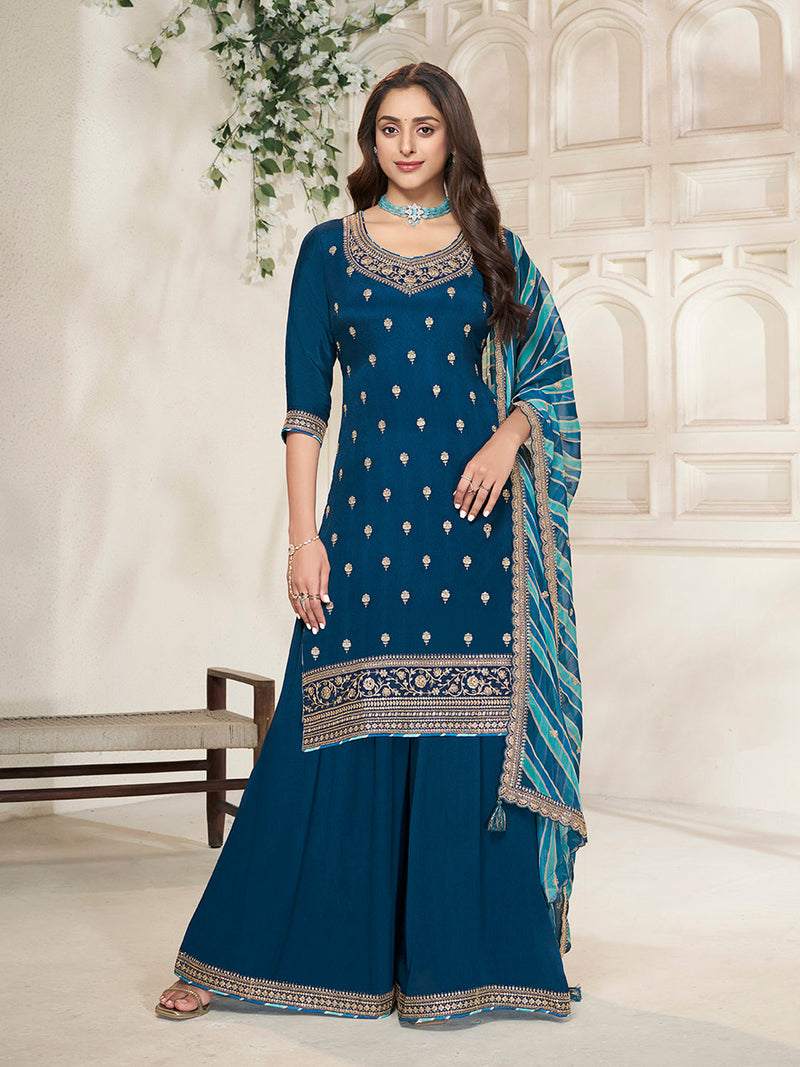 Teal blue sharara dress with embroidered kurta and scalloped dupatta