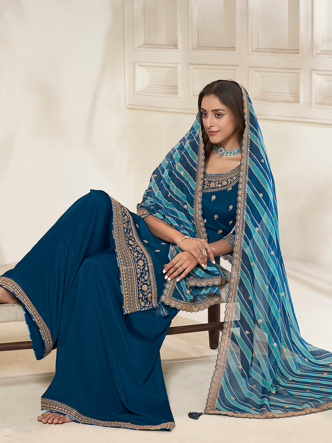 Party wear teal blue sharara set for weddings and festive functions