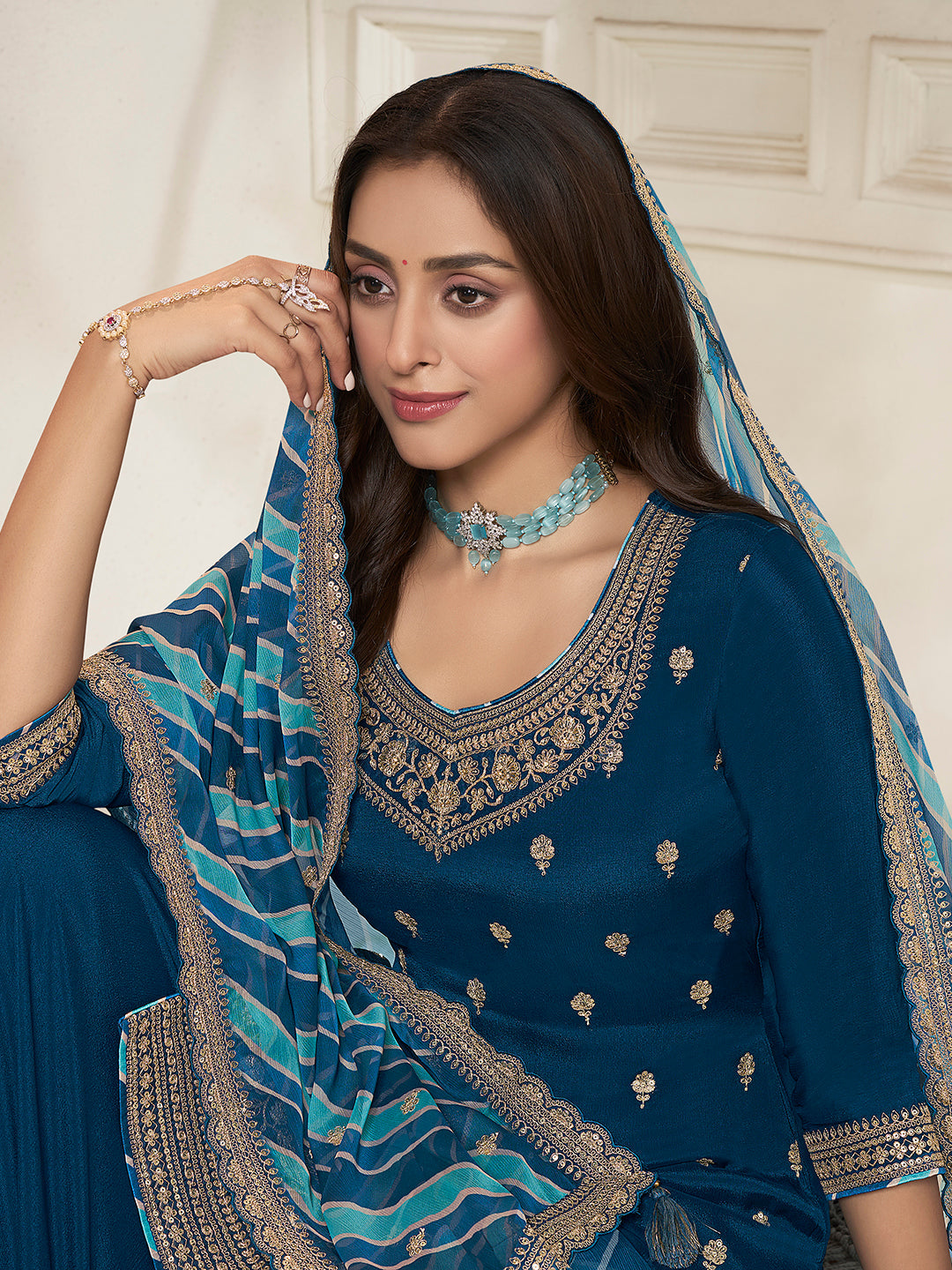 Chinon sharara suit for women with sequin handwork and lace detailing