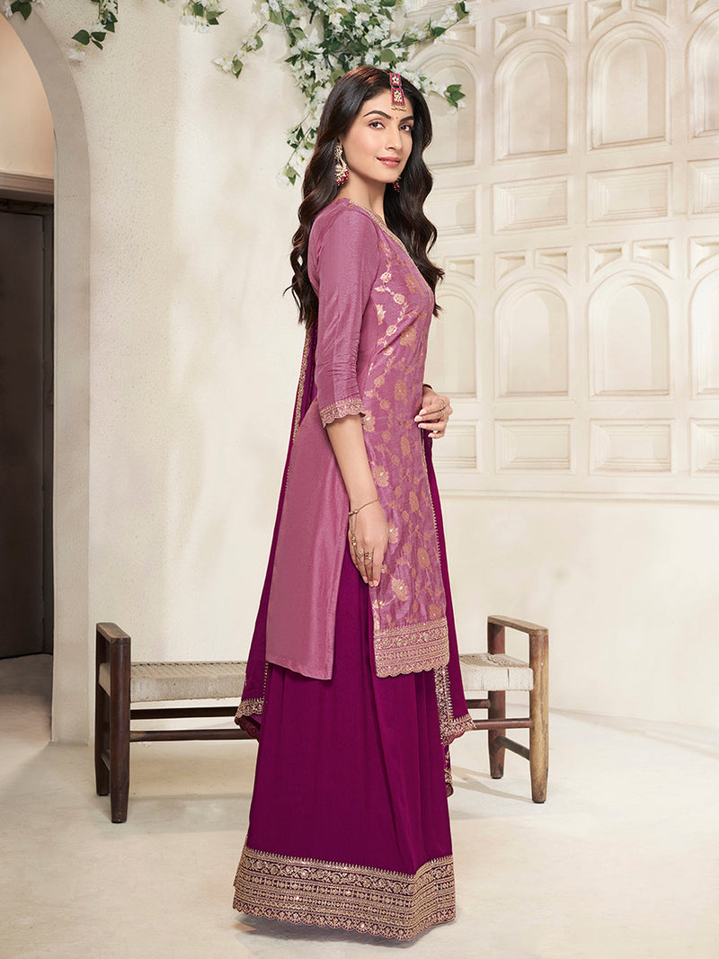 Elegant V-neck Embroidered Kurta with Sharara