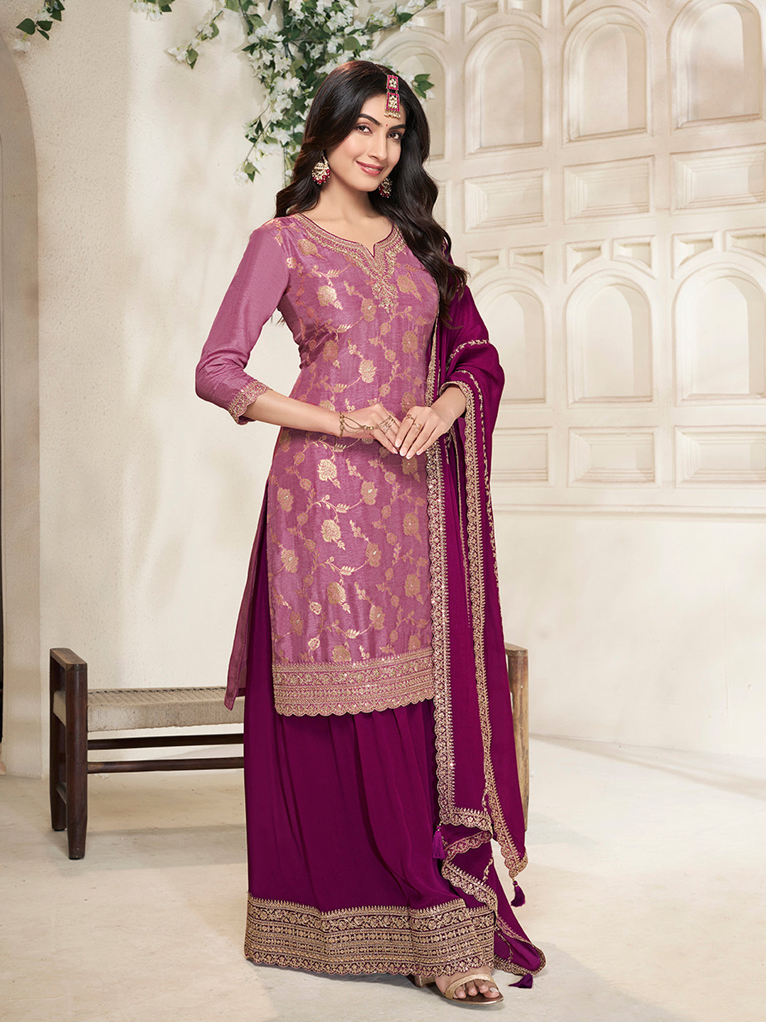 Wedding-Ready Purple Sharara Set with Scalloped Dupatta