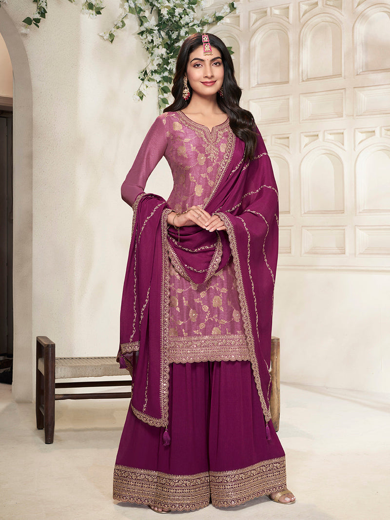 Purple Dola Silk Embroidered Sharara Suit with Chinon Dupatta