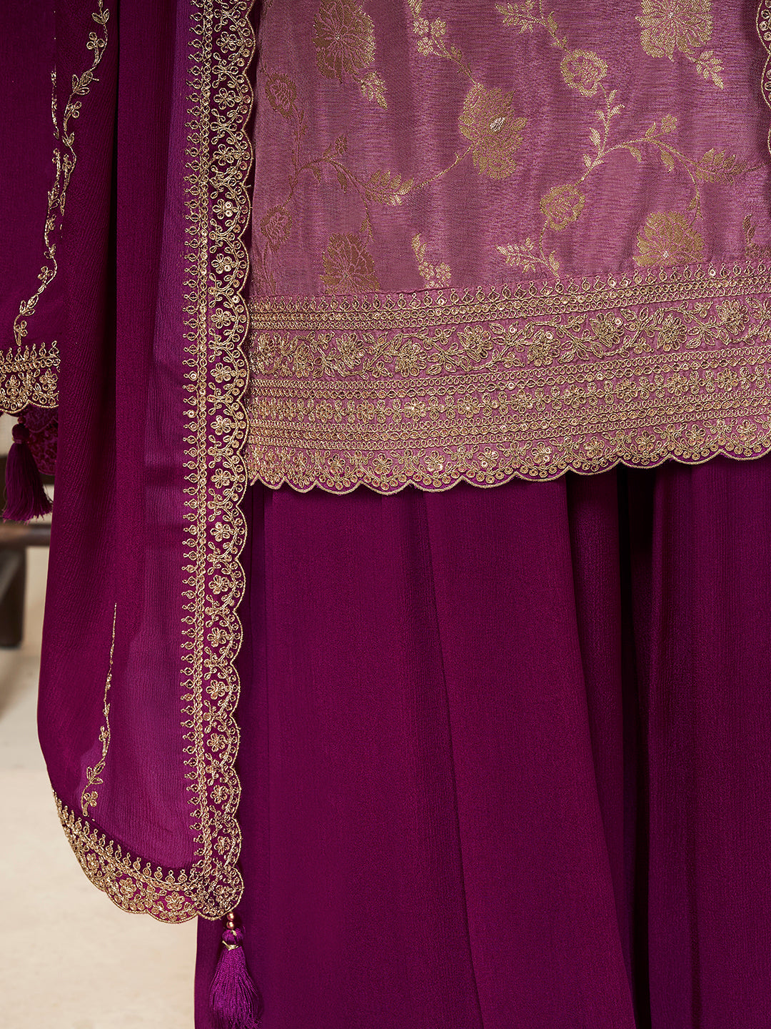 Purple Dola Silk Embroidered Sharara Suit with Chinon Dupatta
