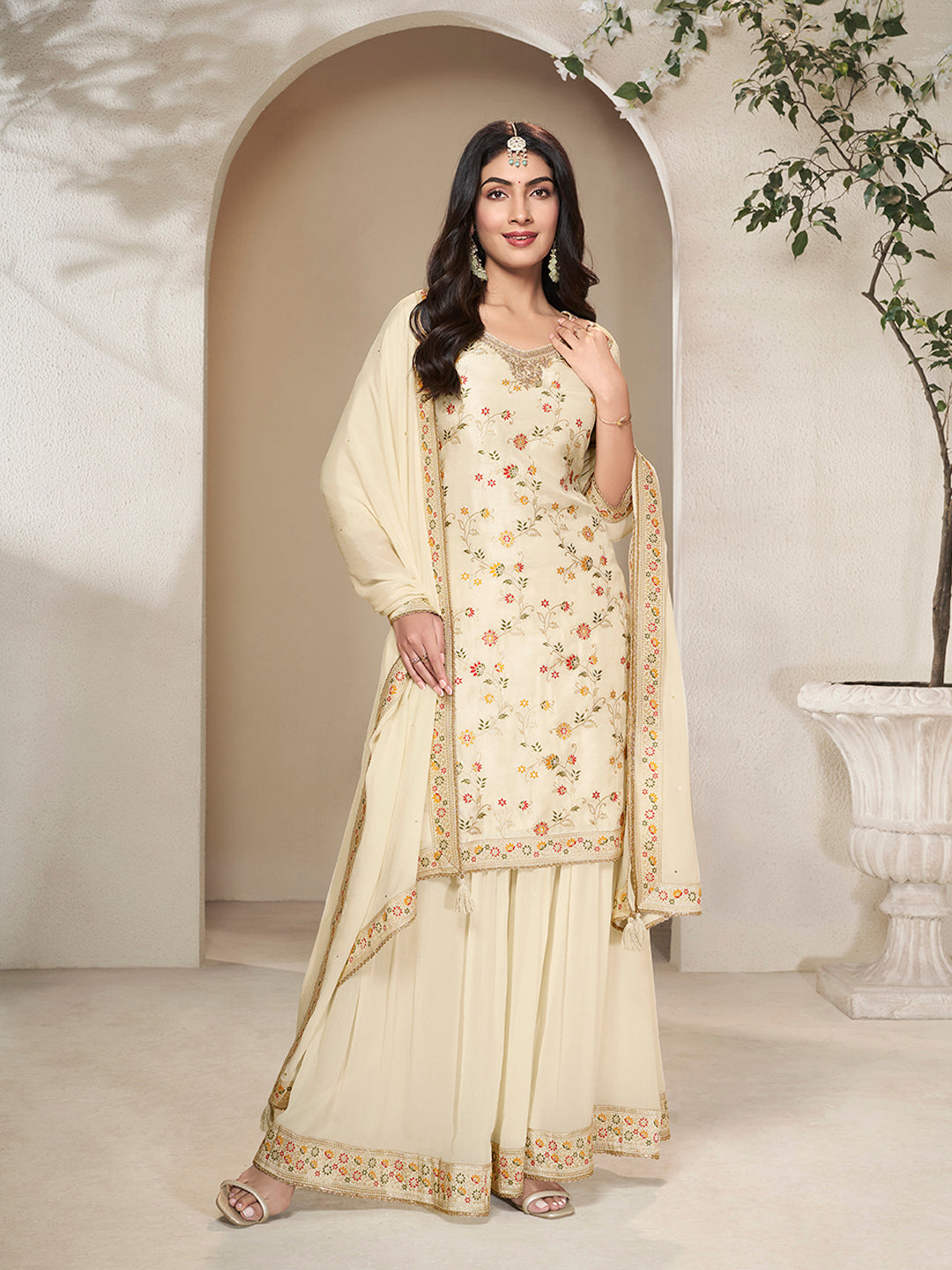 Cream beige floral jacquard sharara suit with Chinon dupatta