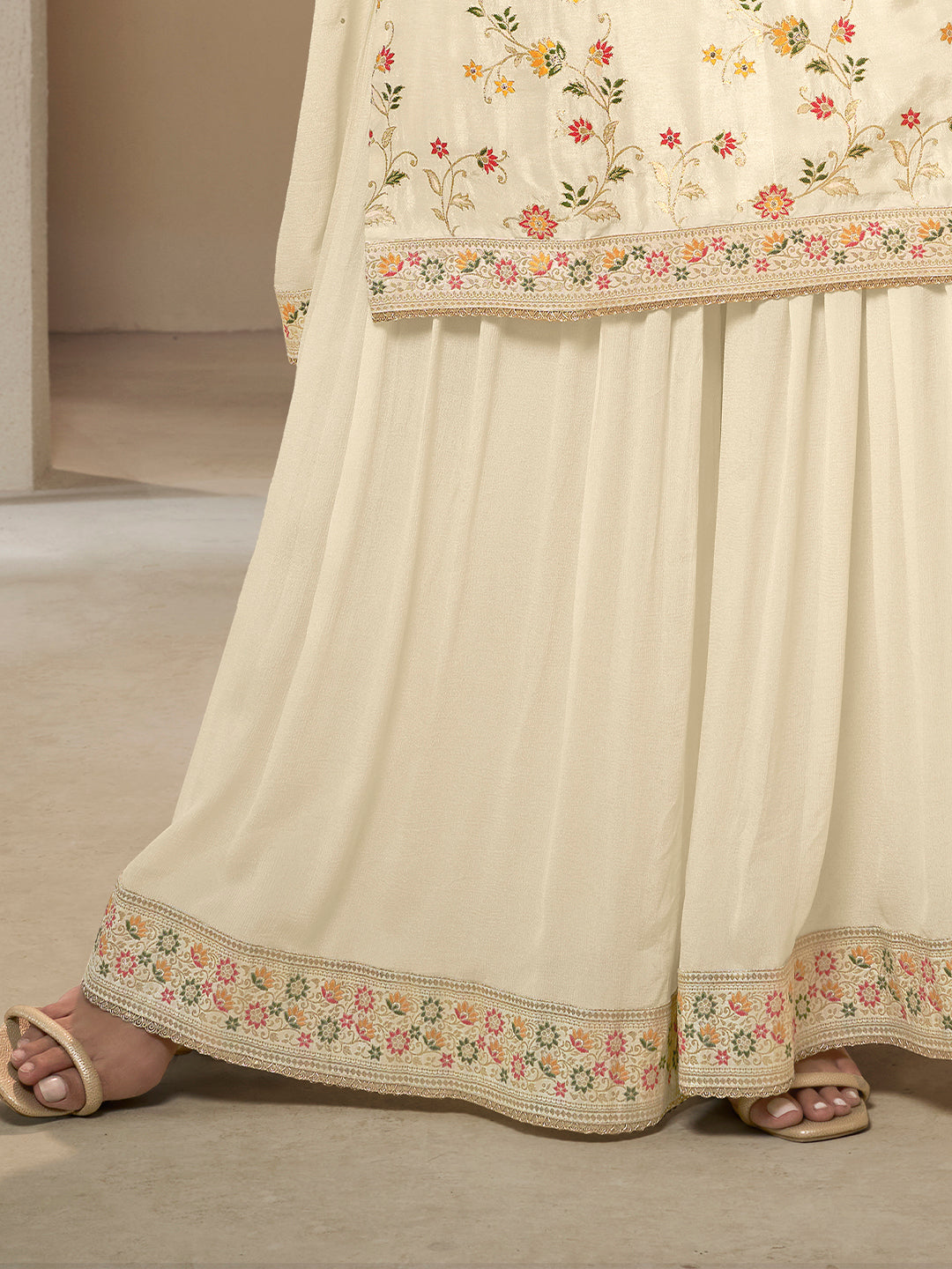 Cream Beige Floral Meena Dola Silk Sharara Suit