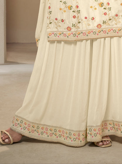 Cream Beige Floral Meena Dola Silk Sharara Suit