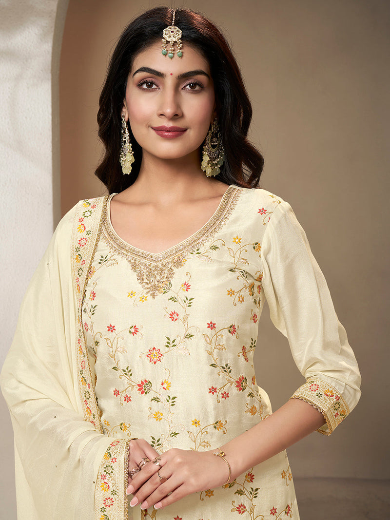 Dola silk V-neck Meena sharara suit for festive wear