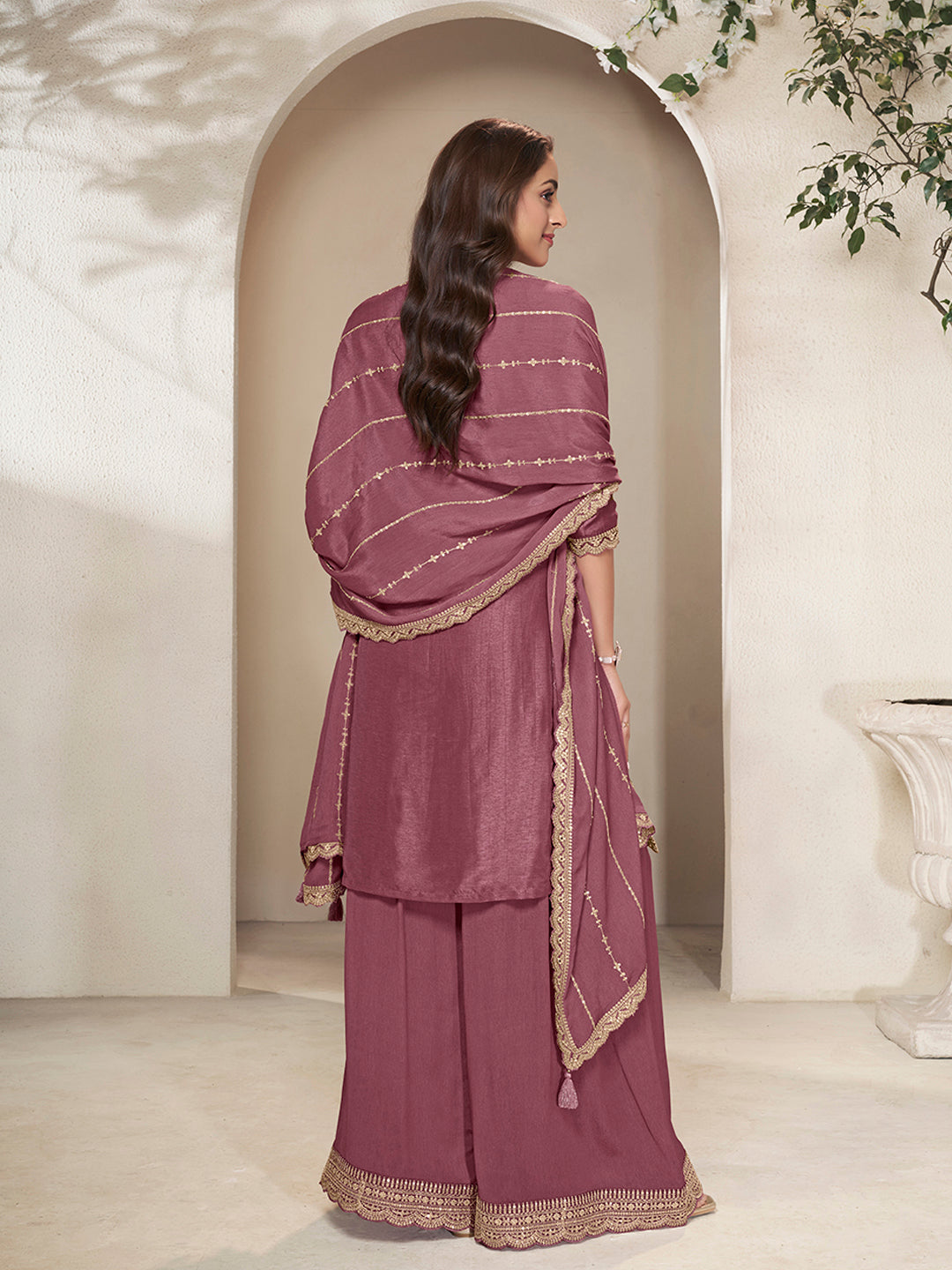 Mauve sharara suit set with scalloped sequin hem