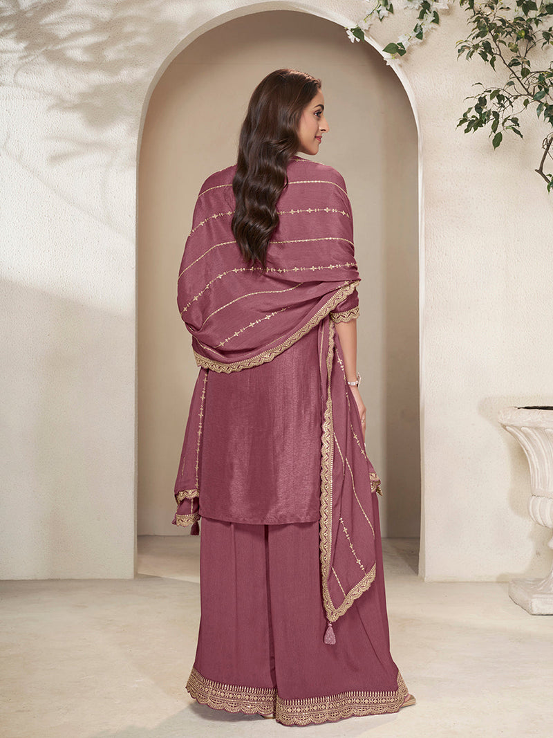 Mauve sharara suit set with scalloped sequin hem