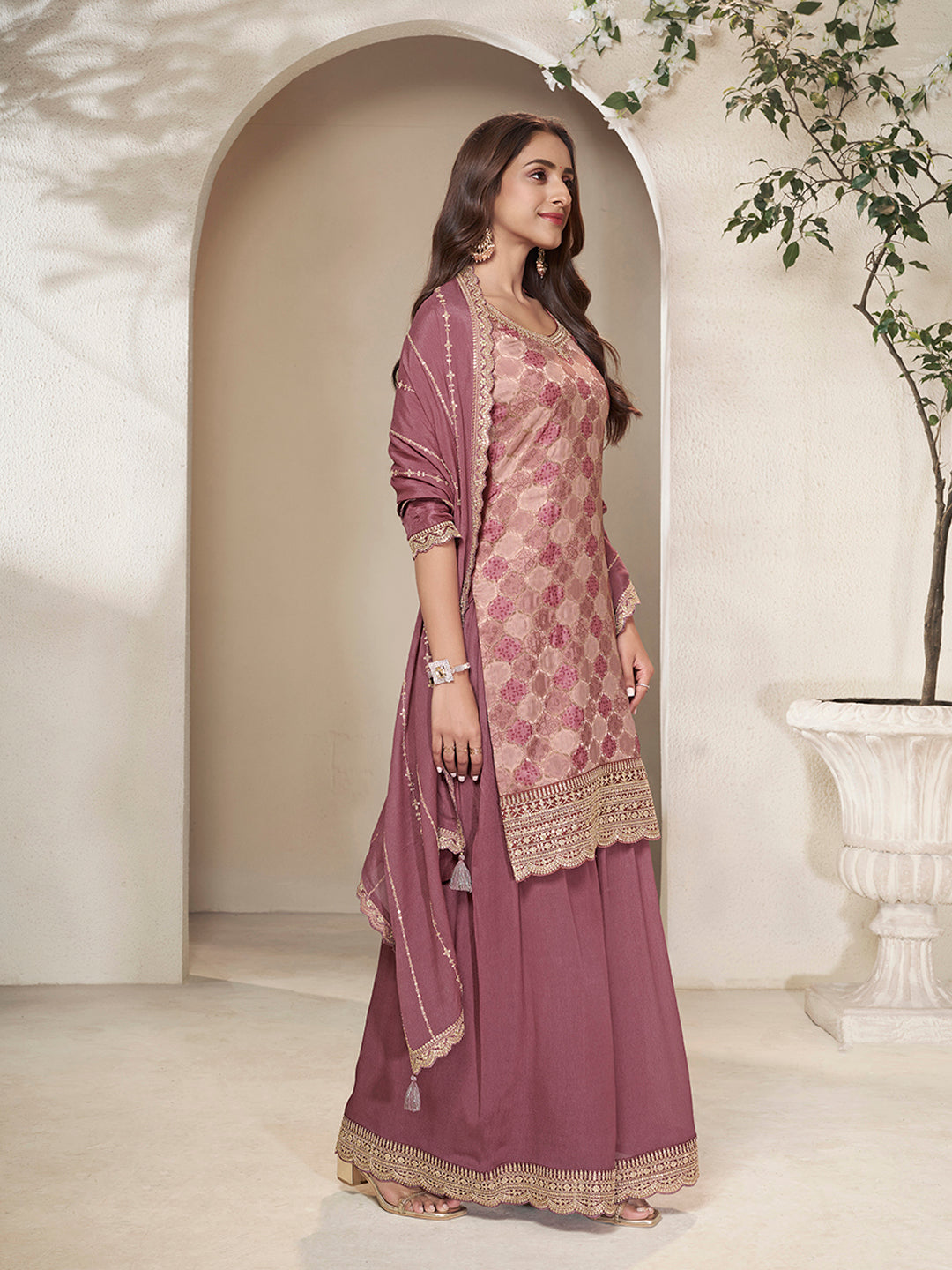 Festive wear sharara suit with Chinon dupatta and tassels