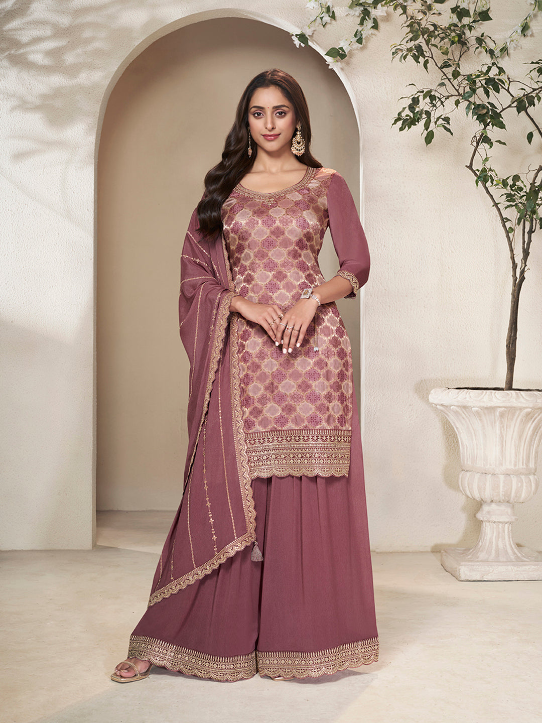 Dusty mauve embroidered sharara suit with sequin kurta