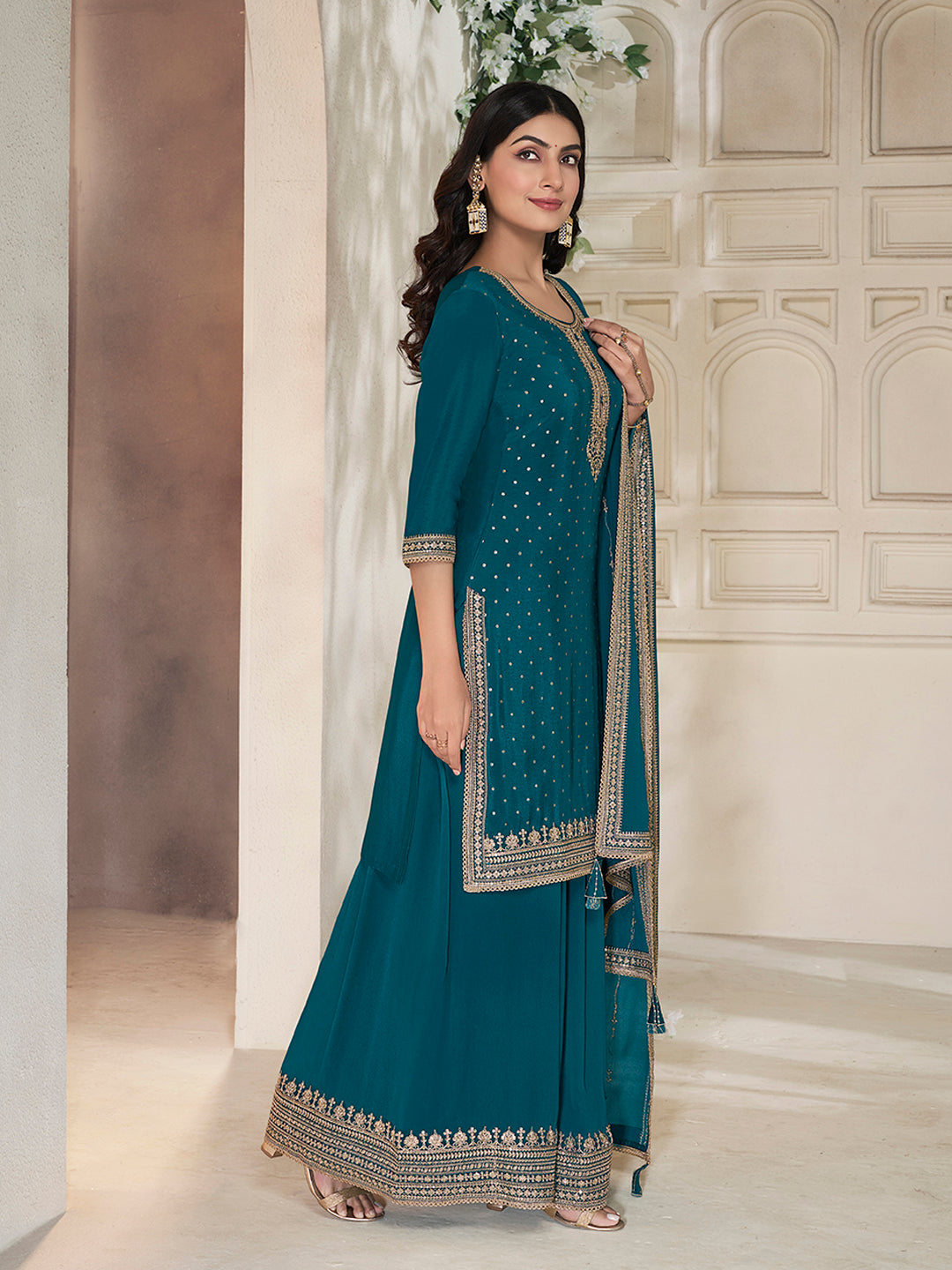 Embroidered Party Wear Suit Set in Teal Green Color