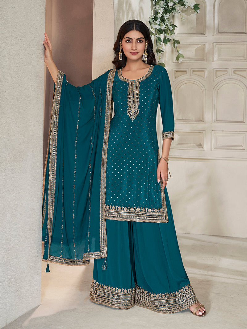 Designer Festive Wear Teal Green Suit with Embroidered Dupatta