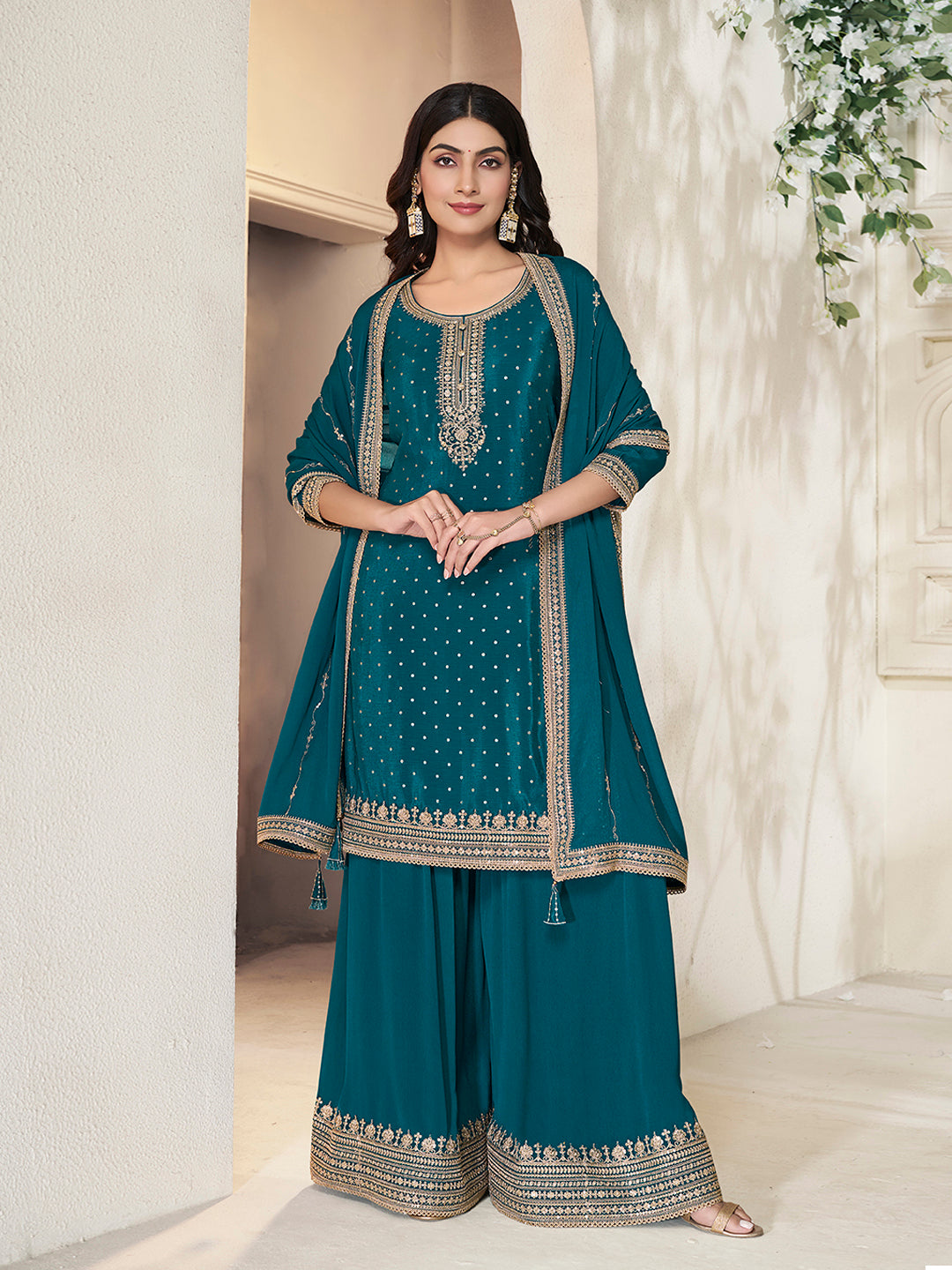 Teal Green Chinon Sharara Suit with Heavy Sequins Embroidery