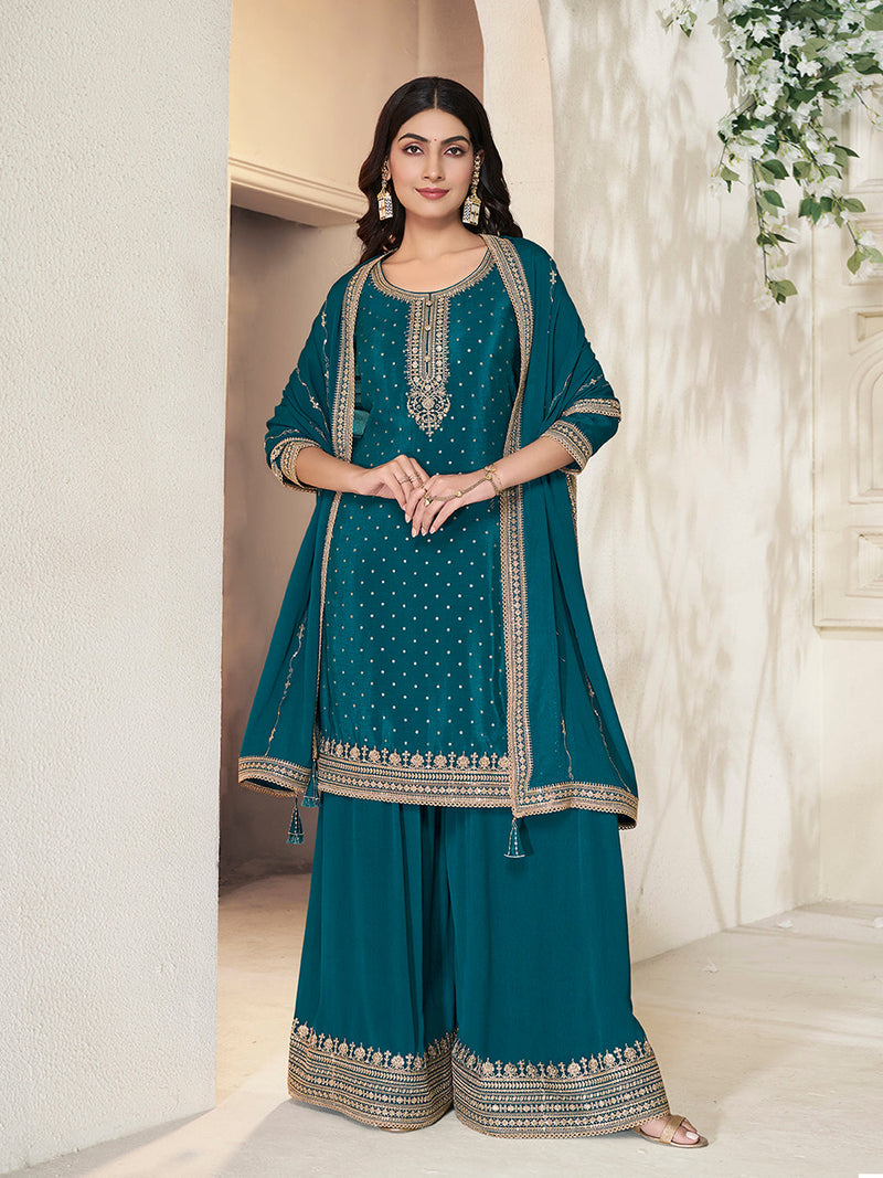 Teal Green Chinon Sharara Suit with Heavy Sequins Embroidery