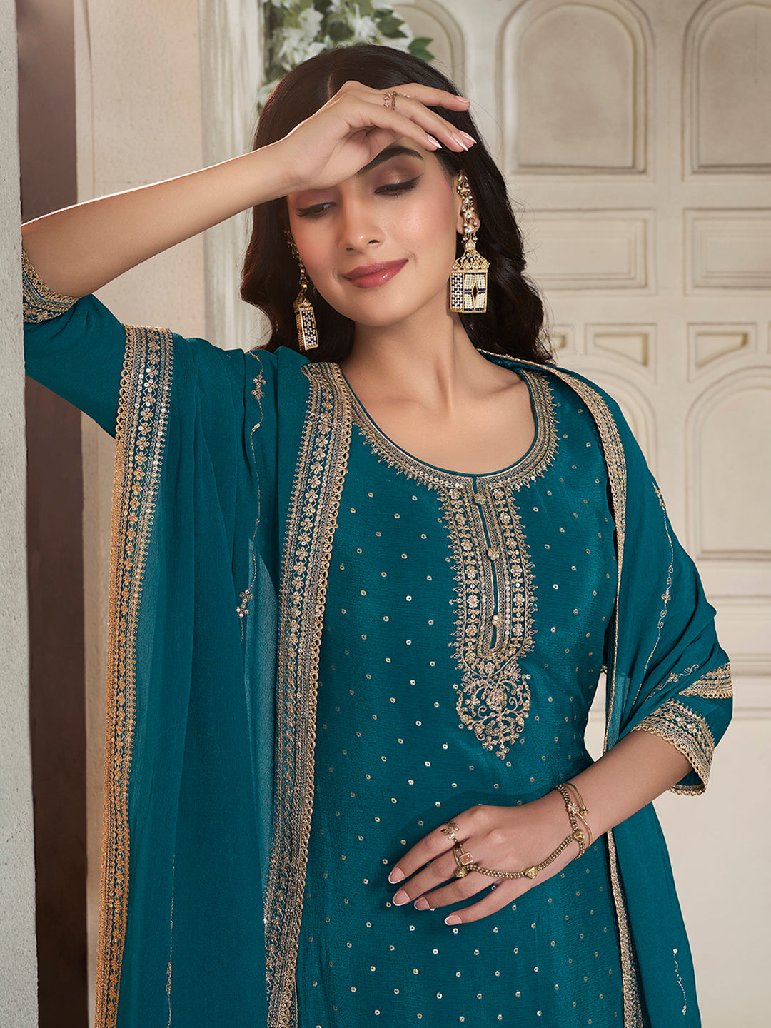 Teal Green Chinon Sharara Suit with Heavy Sequins Embroidery