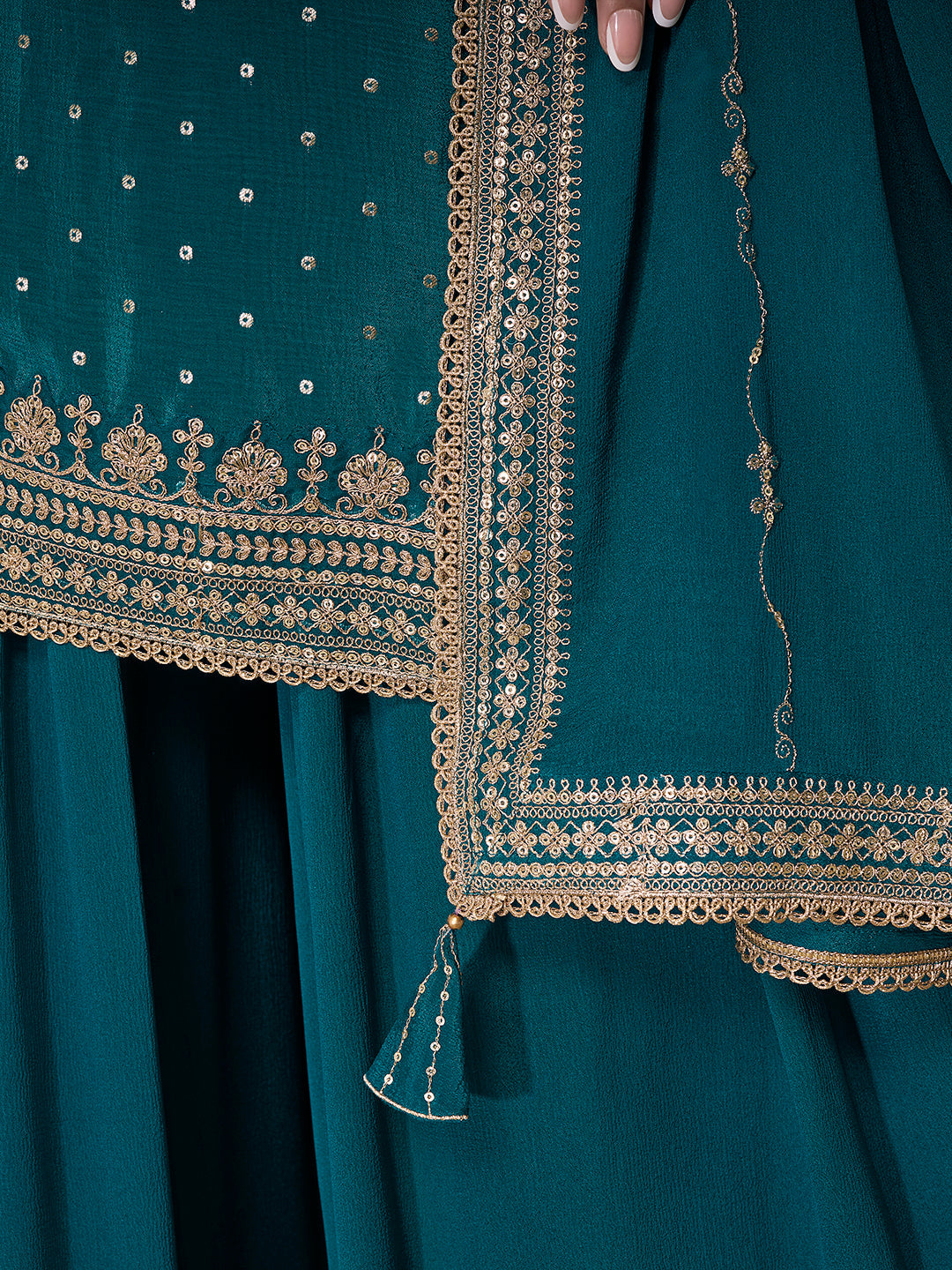 Teal Green Chinon Sharara Suit Set with Heavy Sequins Embroidery