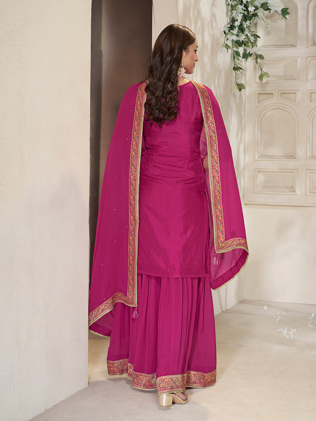 Traditional wedding outfit in magenta pink Dola silk sharara

