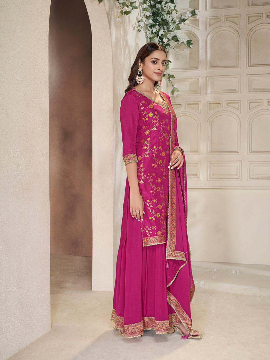 Festive wear pink sharara suit with jacquard lace borders