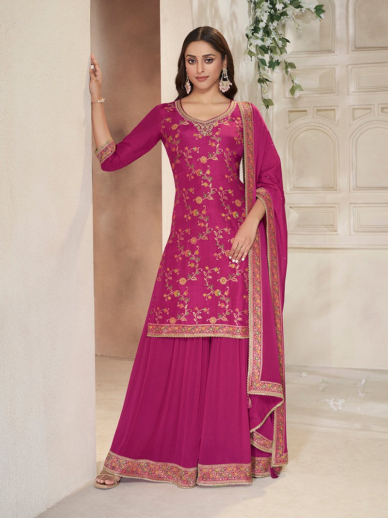 Magenta pink floral jacquard sharara suit with lace dupatta