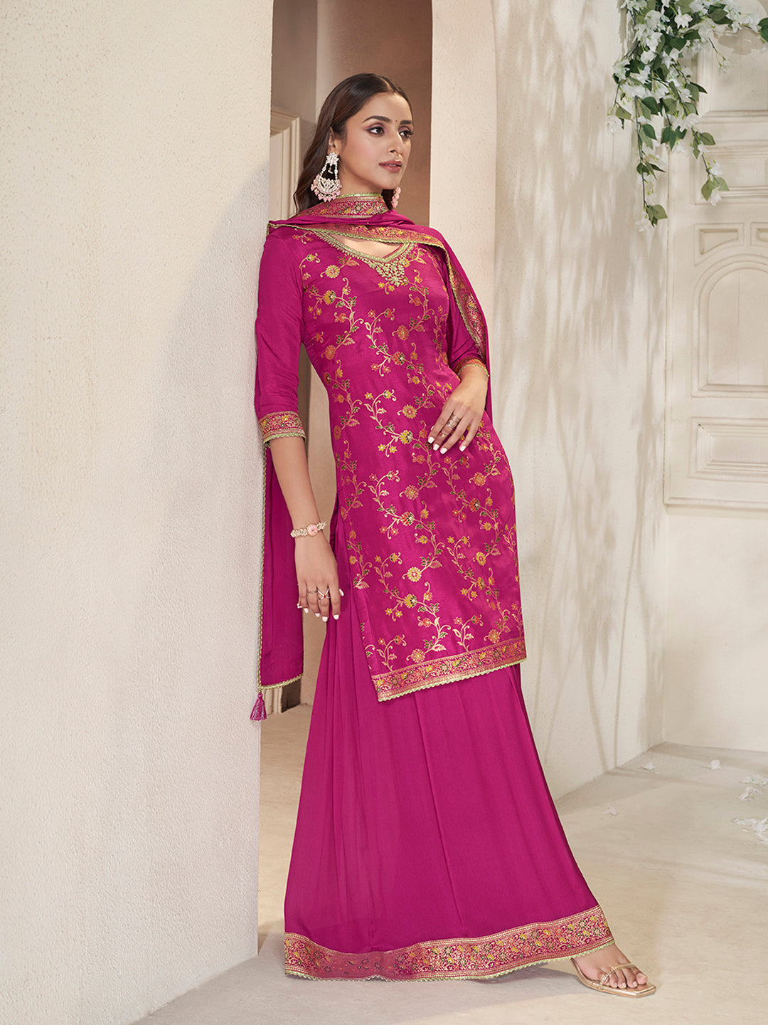 Elegant Meena embroidery sharara set in vibrant pink