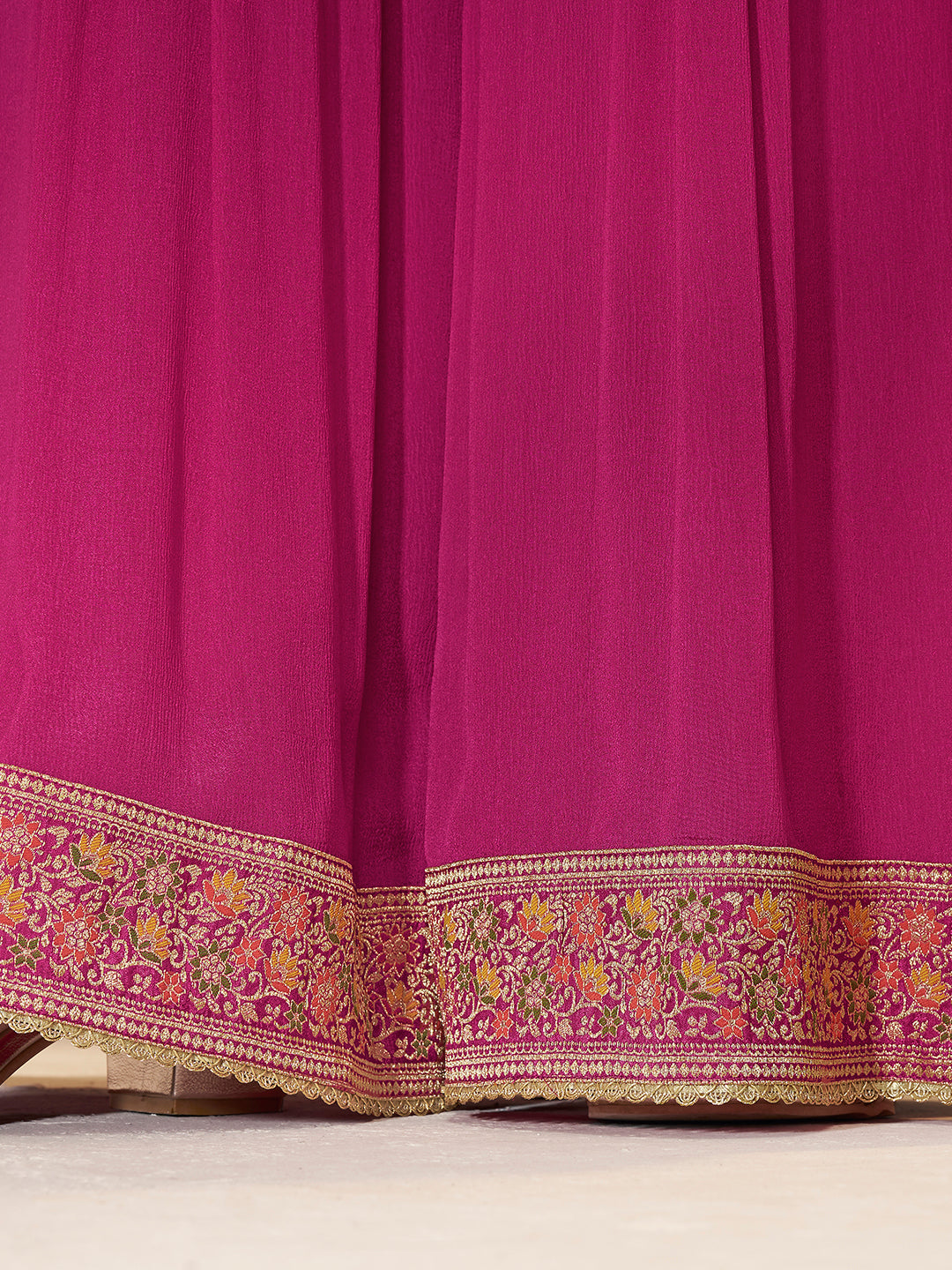 Pink Dola Silk Floral Meena Sharara Suit with Lace Detailing
