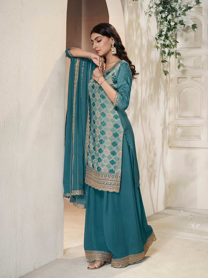 Festive wear teal green ethnic sharara set with scalloped hem
