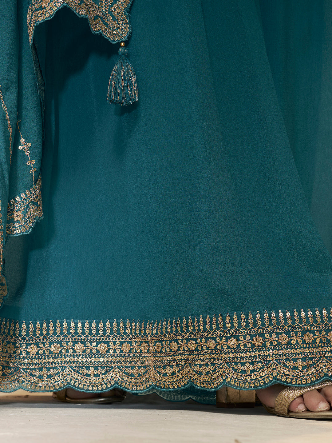 Teal Green Dola Silk Embroidered Sharara Suit with Sequin Work