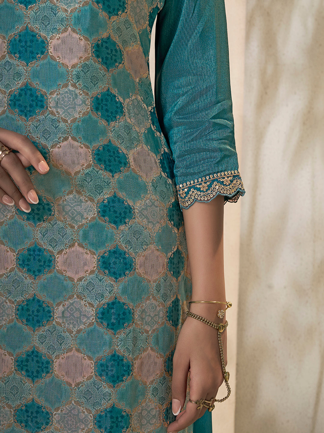 Elegant teal green kurta sharara set with handcrafted embroidery