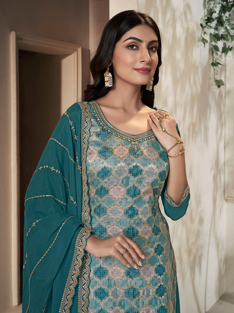 Dola silk jacquard kurta with matching chinon sharara and dupatta