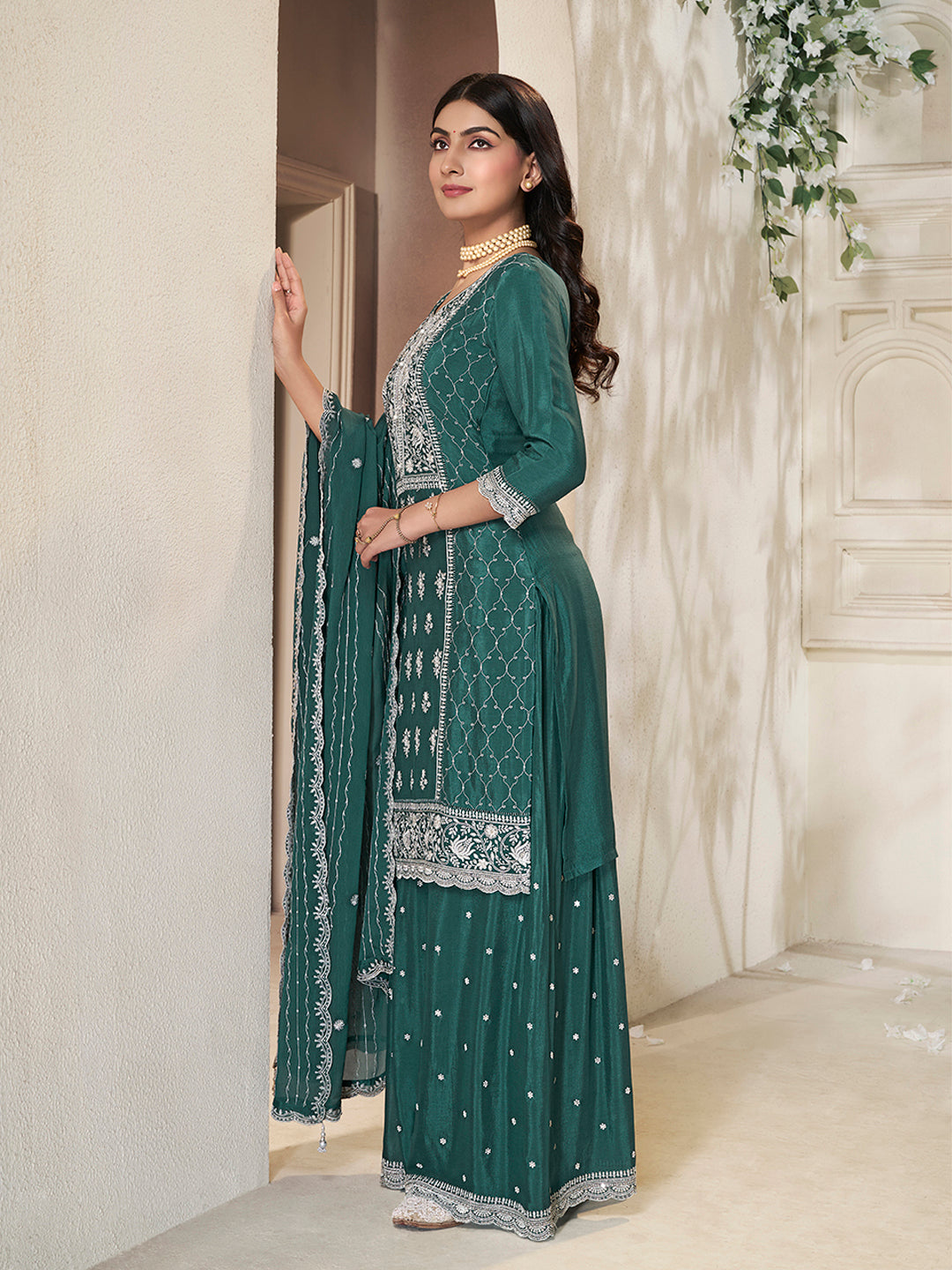 Sequin and thread work green kurta set with dupatta