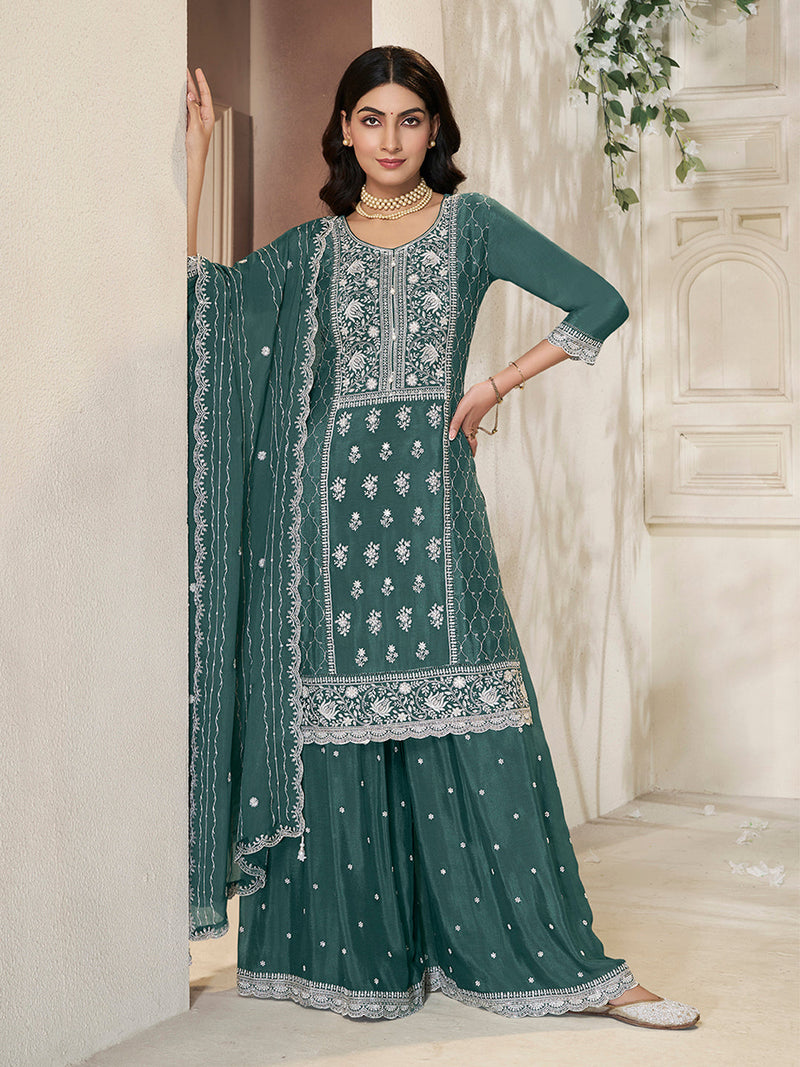 Emerald green Chinon sharara suit with white embroidery